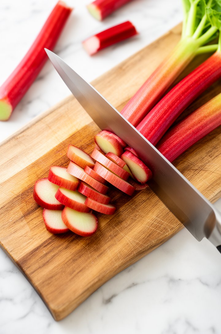 Overhead flat-lay of fresh rhubarb stalks being sliced on a wooden cutting board, showing the vibrant gradient from deep ruby-red exterior to pale green-white interior. A sharp chef's knife mid-cut, with a pile of neatly sliced ½-inch rhubarb pieces to one side. Bright natural overhead lighting, clean white marble surface, a few whole stalks scattered around the frame