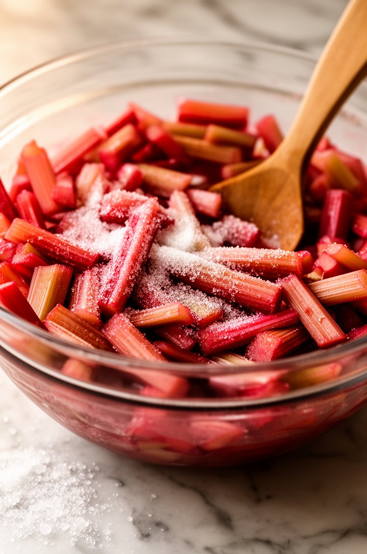 Close-up of a large glass bowl filled with sliced rhubarb tossed in sugar and flour, the rhubarb pieces glistening with a light sugary coating. A wooden spoon resting in the bowl. Some loose sugar granules visible on the marble surface around the bowl. Warm natural side lighting, shot from 45-degree angle above
