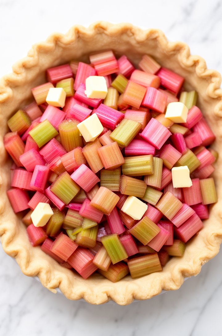 Overhead shot looking straight down into an unbaked pie showing the mounded rhubarb filling piled high in the bottom crust, pink and green rhubarb pieces visible, small cubes of butter scattered across the top of the filling. The crimped pie crust edge visible all around. Clean white marble background, bright even lighting