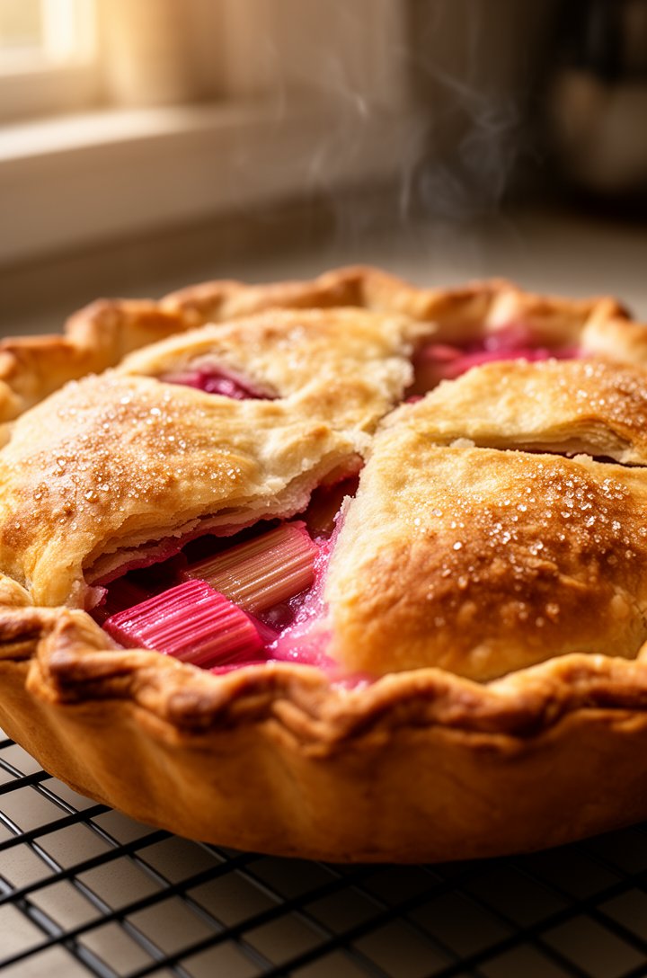 Side-angle shot of the fully baked rhubarb pie cooling on a wire rack, deep golden-brown crust with visible flaky layers and sugar crystals, a few cracks in the top where rosy-pink juices have bubbled through. Steam rising gently. Warm afternoon window light, shallow depth of field with kitchen blurred behind