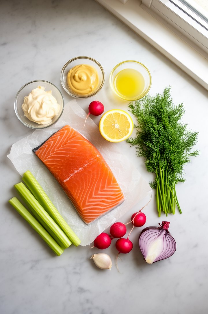 Overhead flat-lay of salmon salad ingredients arranged on a light marble surface — a raw salmon fillet on parchment paper, small glass bowls of mayonnaise, Dijon mustard, and lemon juice, a halved lem