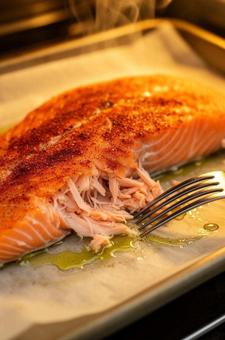 Close-up 45-degree angle shot of a salmon fillet on a parchment-lined baking sheet, fresh out of the oven, seasoned with visible smoked paprika creating a warm orange-red tone on the surface. The fles