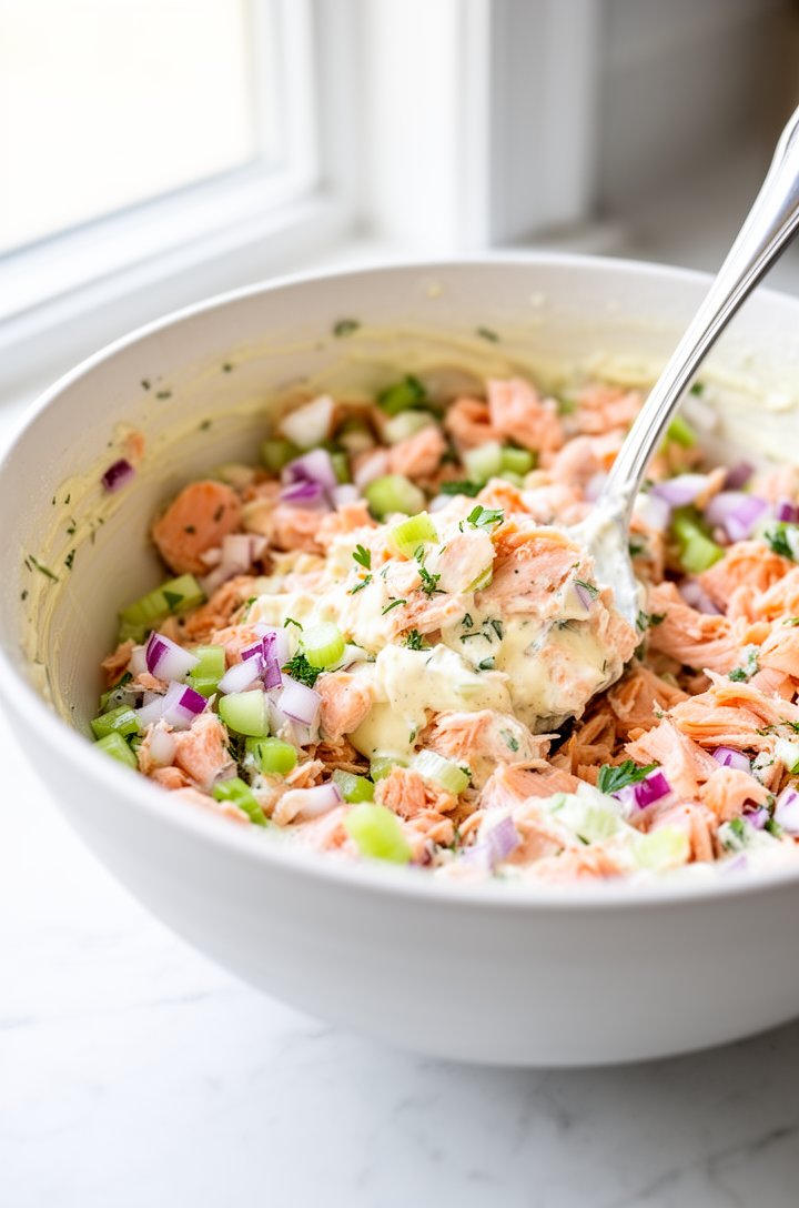 Side-angle shot of flaked salmon chunks being gently folded with creamy dressing, diced red onion, celery, and fresh herbs in a large white mixing bowl. A silver spoon is mid-stir, showing the chunky 