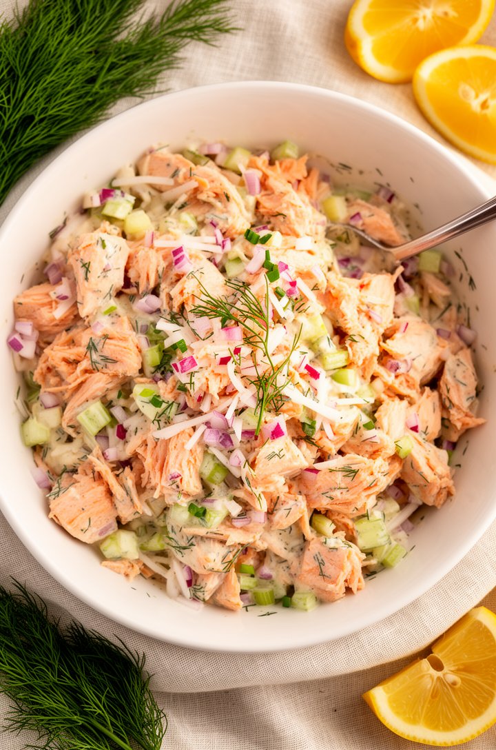 Extreme close-up overhead shot of finished salmon salad served in a shallow white ceramic bowl on a light linen napkin. Large flaky salmon pieces visible throughout, coated in creamy dressing with fle