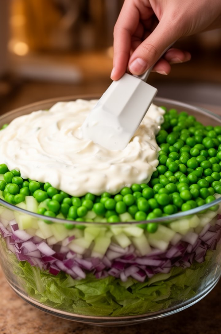 Side-angle close-up of a hand spreading thick white mayonnaise dressing with a small offset spatula across the top of bright green peas in a large clear glass trifle bowl, the dressing being pushed ri