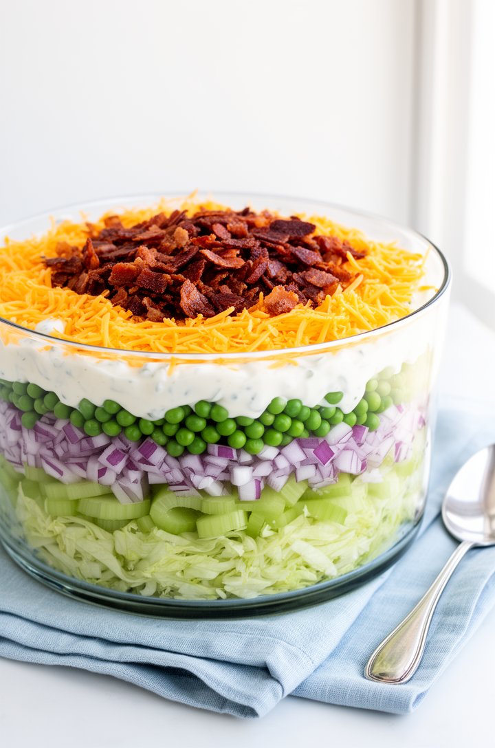 Eye-level shot of a completed seven layer salad in a large clear glass trifle bowl on a light blue linen napkin, showing all distinct layers through the glass from bottom to top: pale green shredded l