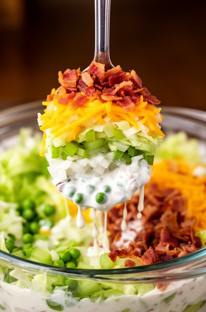 Close-up action shot of a large serving spoon scooping straight down through a seven layer salad, lifting a perfect cross-section showing all layers — lettuce, onion, celery, peas, creamy white dressi