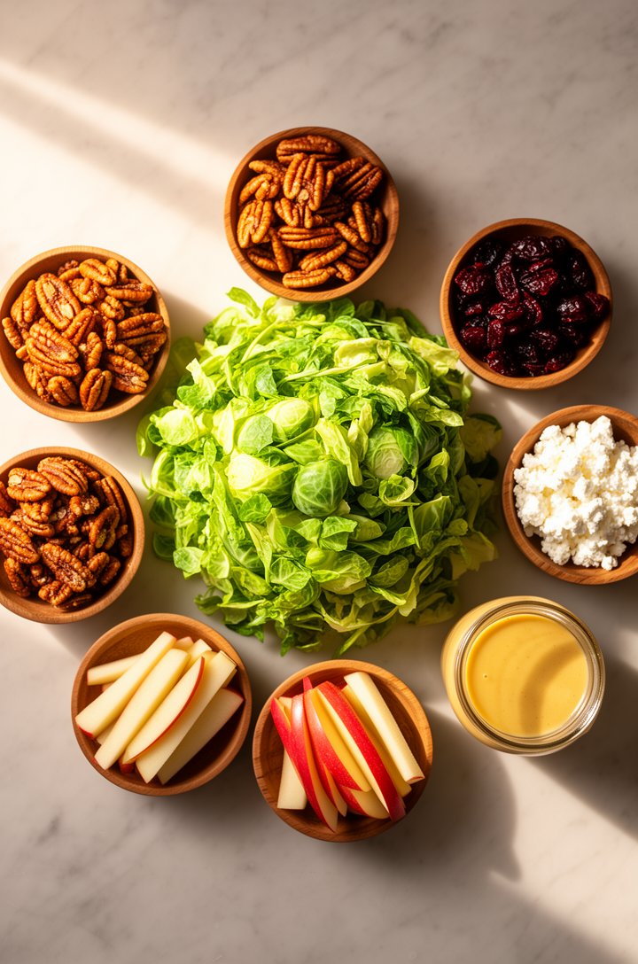 Overhead flat-lay of salad ingredients arranged on a light marble surface — a mound of finely shredded bright green brussels sprouts in the center, small wooden bowls surrounding it containing golden 