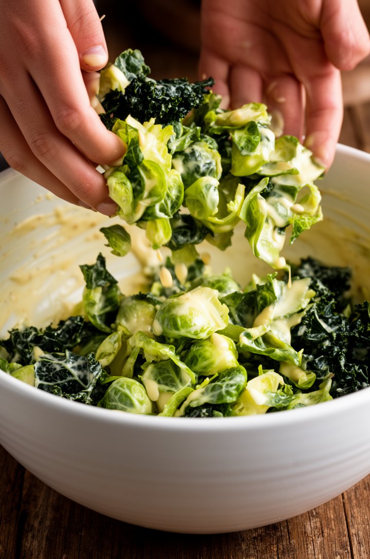 Close-up 45-degree angle shot of hands tossing shredded green brussels sprouts and dark kale in a large white ceramic bowl, creamy honey mustard dressing coating the leaves with a glossy sheen, some l