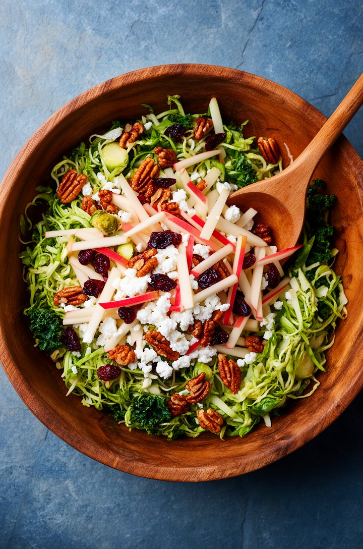 Overhead shot of the finished shaved brussels sprout salad in a large rustic wooden bowl on a blue-gray slate surface. Finely shredded green sprouts and kale visible beneath scattered toppings — golde