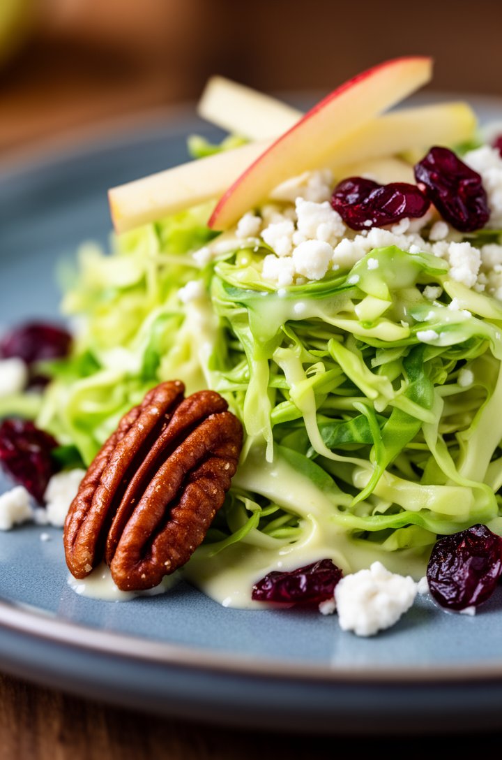 Extreme close-up macro shot of a single serving of shaved brussels sprout salad on a modern blue-gray ceramic plate, showing intricate detail of the shredded green sprout ribbons glistening with cream