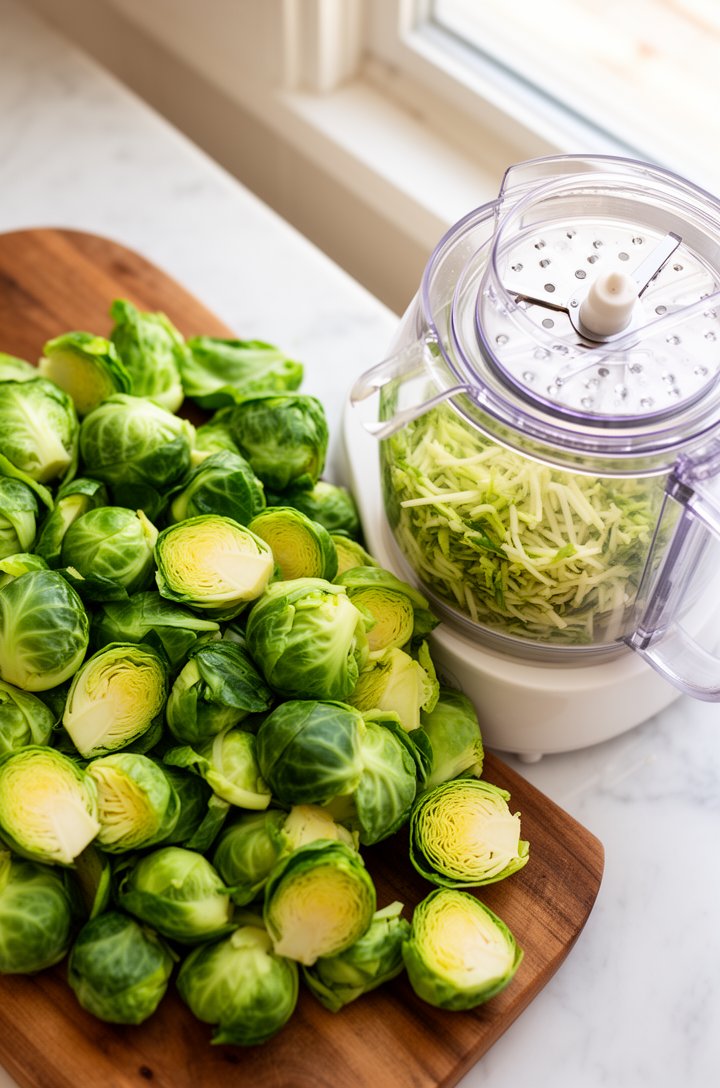 Overhead shot of whole trimmed Brussels sprouts on a wooden cutting board next to a food processor with the slicing disk attached, some sprouts already halved showing the pale green interior, a small pile of shredded sprouts visible in the processor bowl, bright natural window lighting from the right, clean white marble countertop background