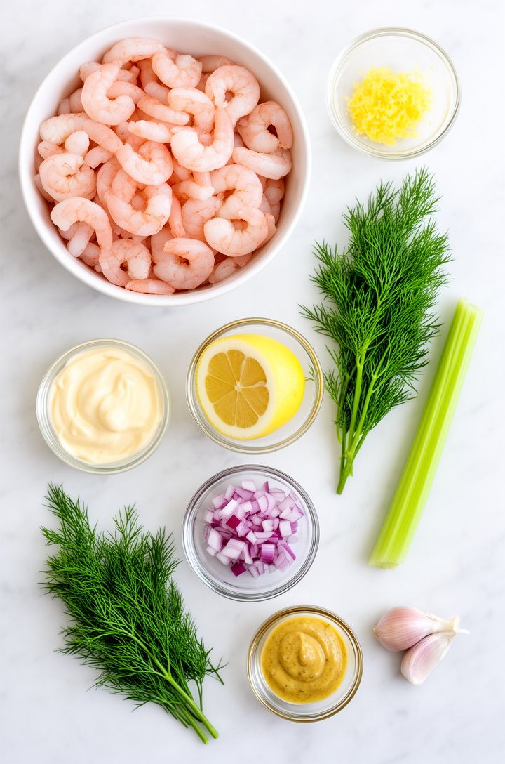 Overhead flat-lay of shrimp salad ingredients arranged on a white marble surface: a bowl of raw pink shrimp, small glass bowls containing mayonnaise, a halved lemon with visible zest, sprigs of fresh 