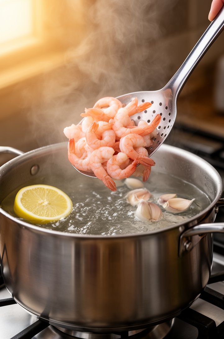 Close-up side-angle shot of pink shrimp being lowered into a pot of boiling water with a slotted stainless steel spoon, steam rising from the water surface, a halved lemon and garlic cloves visible fl