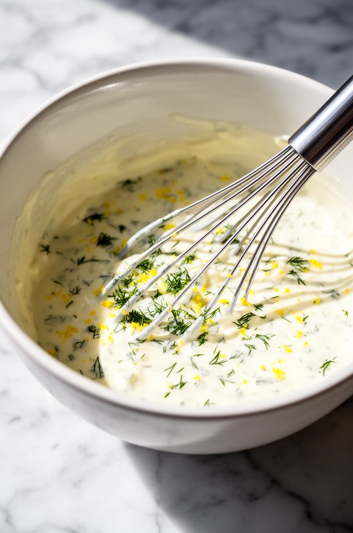 45-degree angle close-up of the creamy dressing being whisked together in a white ceramic bowl, visible lemon zest specks and chopped green dill suspended in the glossy mayonnaise mixture, a silver wh