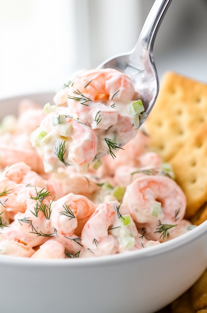 Extreme close-up shot of a silver spoon lifting a generous scoop of creamy shrimp salad from a white ceramic bowl, large pink shrimp pieces coated in glossy mayo dressing with visible green dill frond