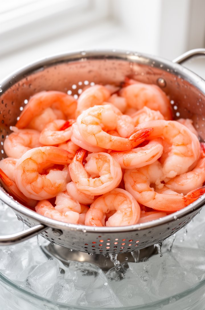 Close-up overhead shot of perfectly poached pink shrimp being drained in a stainless steel colander over an ice water bath, glistening water droplets on the curled shrimp, visible pink-coral color indicating they are just cooked through, bright natural window lighting, clean white kitchen background