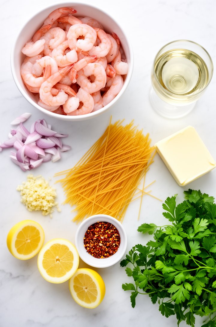 Overhead flat-lay of shrimp scampi ingredients arranged on a white marble countertop — a bowl of raw pink shrimp, a small pile of thinly sliced shallots, a mound of freshly minced garlic, a nest of dr