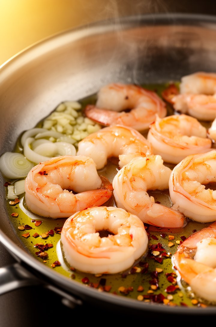 Close-up 45-degree angle of plump shrimp searing in a stainless steel skillet with olive oil, sliced shallots, and minced garlic visible in the pan, the shrimp just turning pink-orange on the edges wh