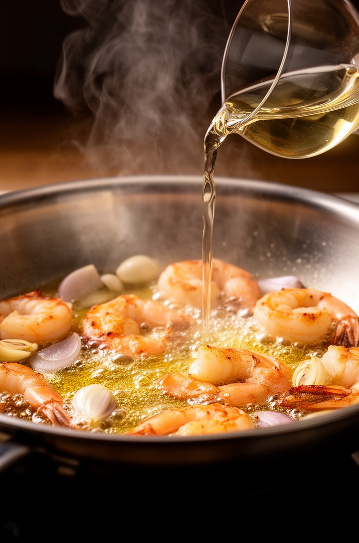 Side-angle shot of white wine being poured from a glass into a hot stainless steel skillet containing seared shrimp, garlic, and shallots, a burst of steam rising as the wine hits the pan, golden bubb