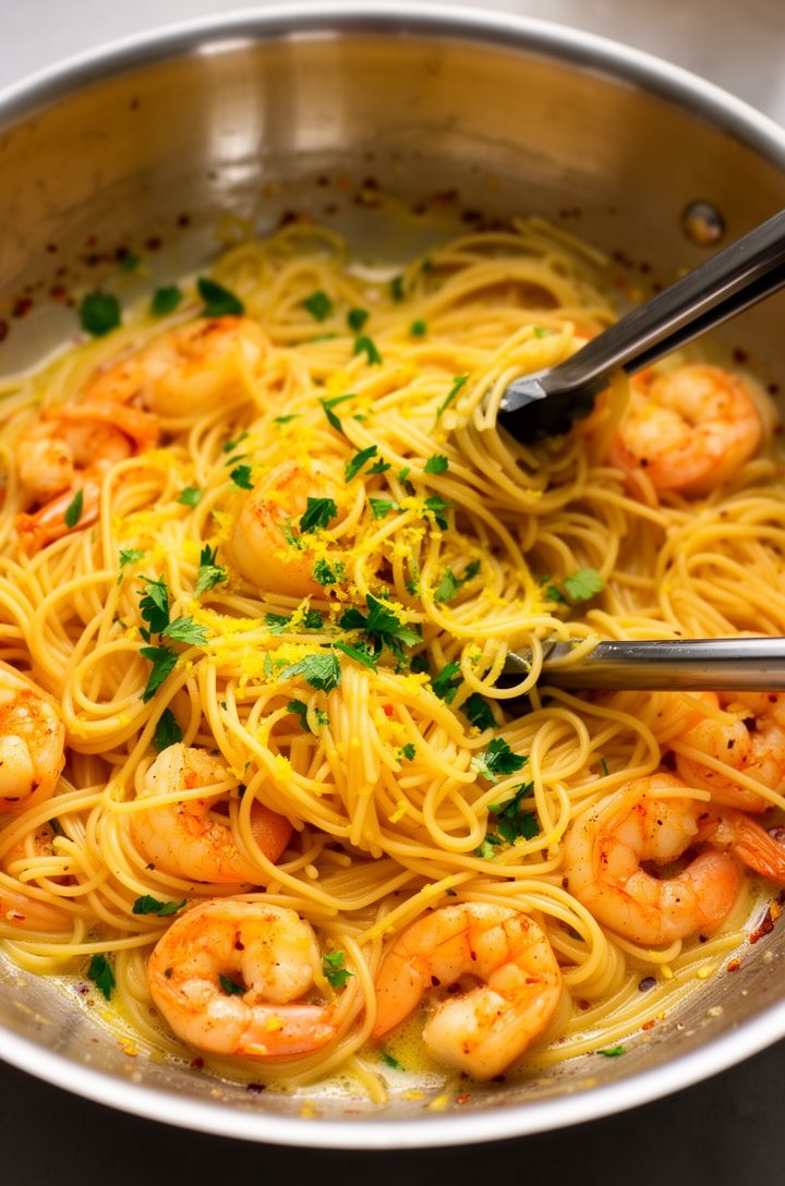 Extreme close-up overhead shot of finished shrimp scampi pasta being tossed in a large stainless steel skillet with tongs, glossy angel hair pasta strands coated in golden butter sauce intertwined wit