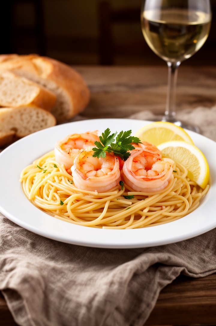 Three-quarter angle of a plated serving of shrimp scampi pasta on a white ceramic plate, a generous tangle of glossy angel hair pasta topped with four plump pink shrimp, fresh parsley garnish, a lemon