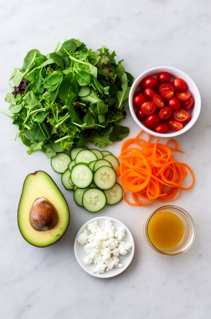 Overhead flat-lay of green salad ingredients arranged on a light marble countertop: a pile of vibrant mixed greens, a small bowl of halved ruby-red cherry tomatoes, thinly sliced translucent cucumber 