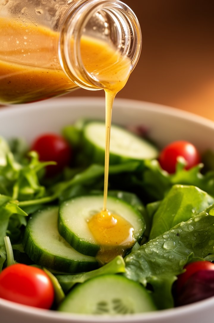 Close-up action shot of golden honey dijon vinaigrette being drizzled from a small glass jar over a bowl of fresh mixed greens, cucumber slices, and cherry tomatoes. The vinaigrette streams in a thin 