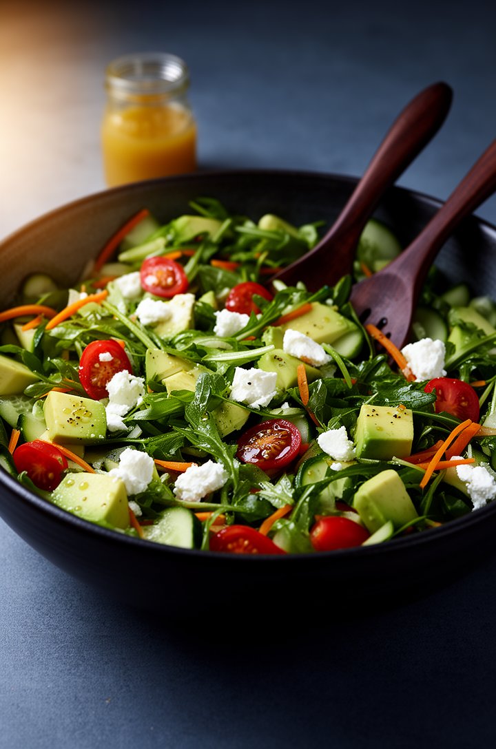 45-degree angle shot of a large dark ceramic bowl filled with freshly tossed green salad, mixed greens glistening with vinaigrette, chunks of pale-green avocado, white goat cheese crumbles, red cherry