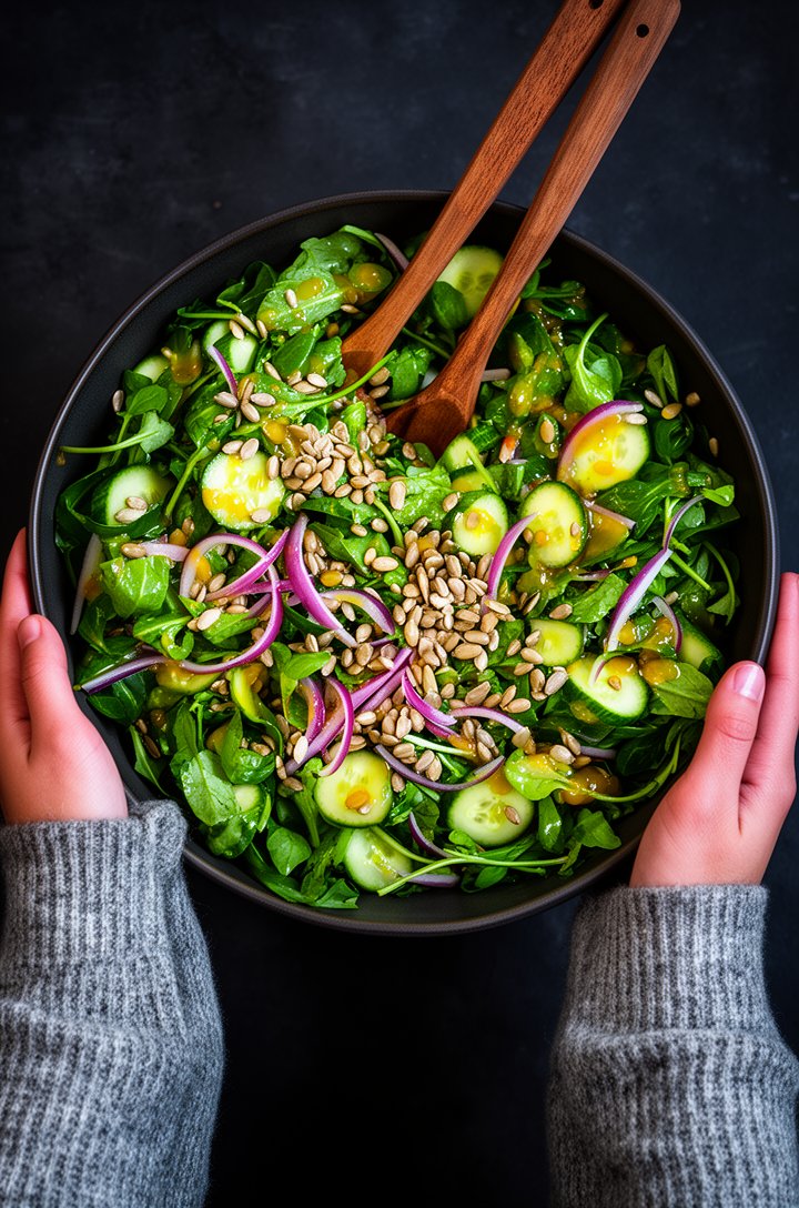 Overhead close-up of the finished green salad being served, two hands in a cozy gray sweater holding the sides of a large dark bowl, wooden salad servers crossed inside. The salad is lush and abundant