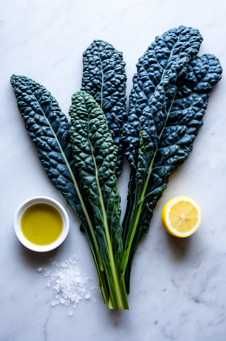 Overhead flat-lay of two bunches of fresh lacinato kale on a light gray marble surface, deep blue-green dinosaur-textured leaves fanned out naturally, a small bowl of golden olive oil and a halved lem