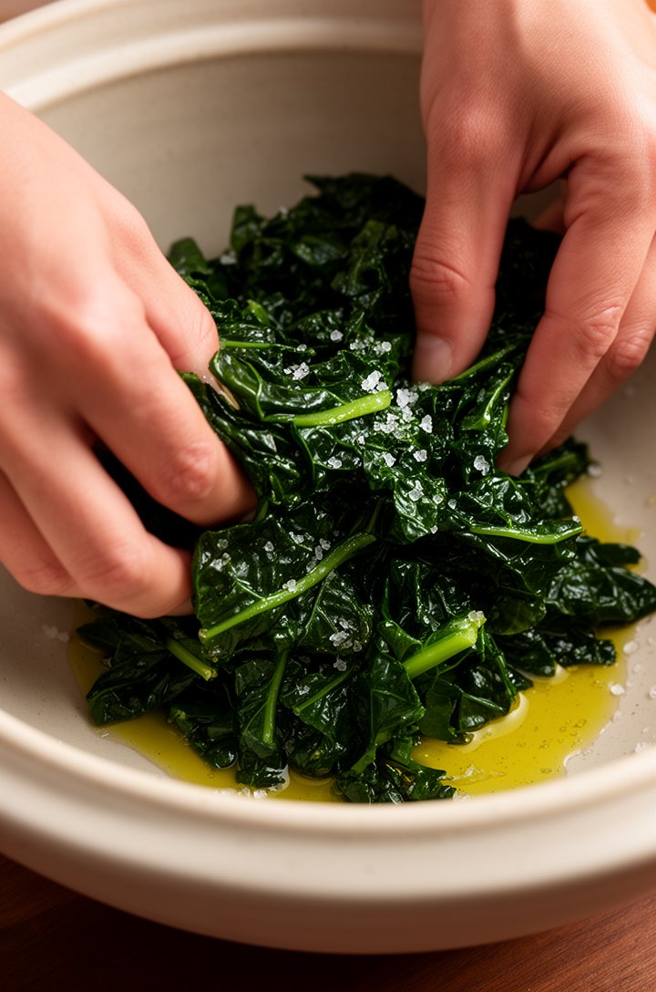 Close-up 45-degree angle shot of hands massaging dark green kale ribbons in a large light-colored ceramic mixing bowl, the leaves glistening with olive oil, visibly darker and more tender than raw kal