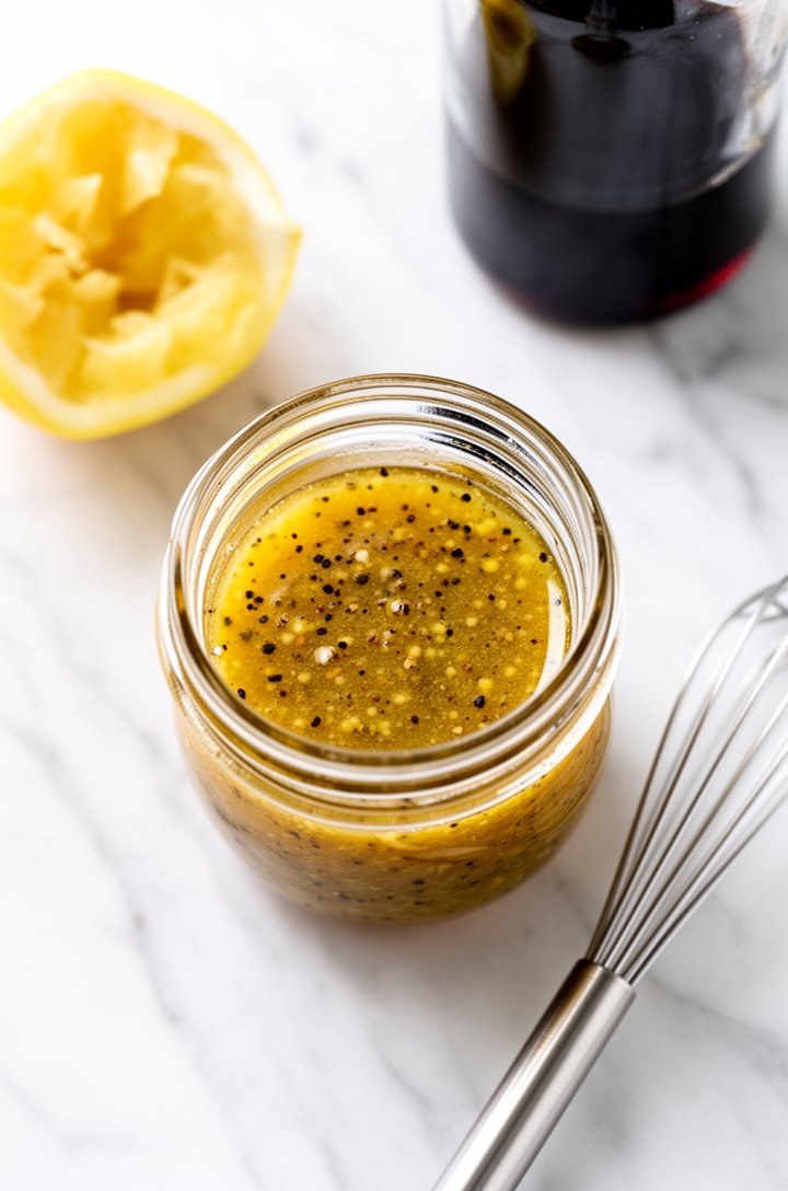 Overhead shot of a small glass jar filled with golden lemon balsamic vinaigrette, a small whisk resting beside it, visible specks of black pepper and Dijon mustard suspended in the emulsified dressing