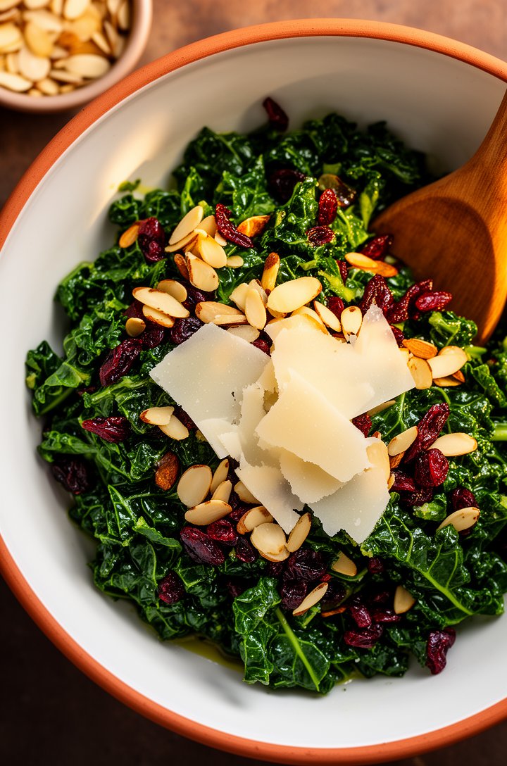 Extreme close-up overhead macro shot of the finished kale salad in a large white ceramic bowl with a terracotta rim, deep green massaged kale ribbons coated in glossy vinaigrette, golden toasted slice