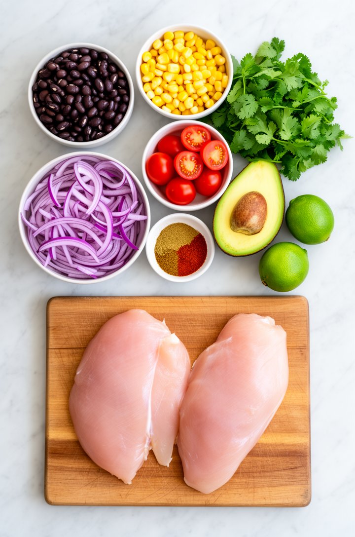 Overhead flat-lay of southwest chicken salad ingredients arranged in small bowls on a light marble surface — a bowl of glossy black beans, a bowl of bright yellow corn kernels, halved ruby-red cherry 