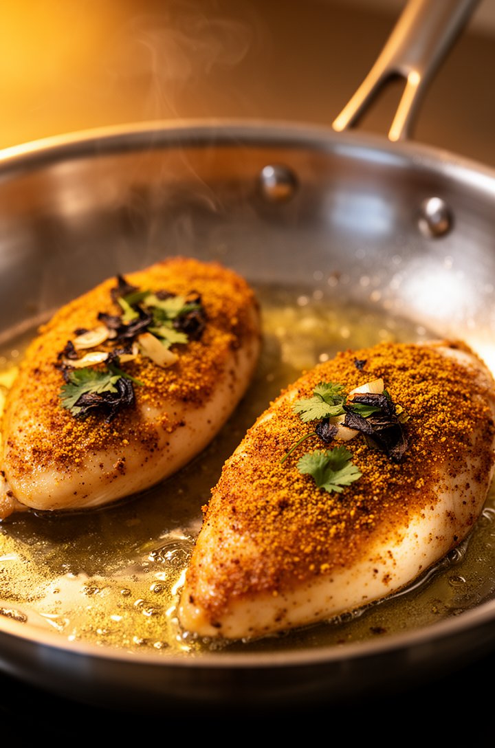Close-up 45-degree angle shot of two chicken breasts searing in a large stainless steel skillet, golden-brown cumin-spiced crust visible on the top surfaces, small wisps of steam rising, flecks of cha