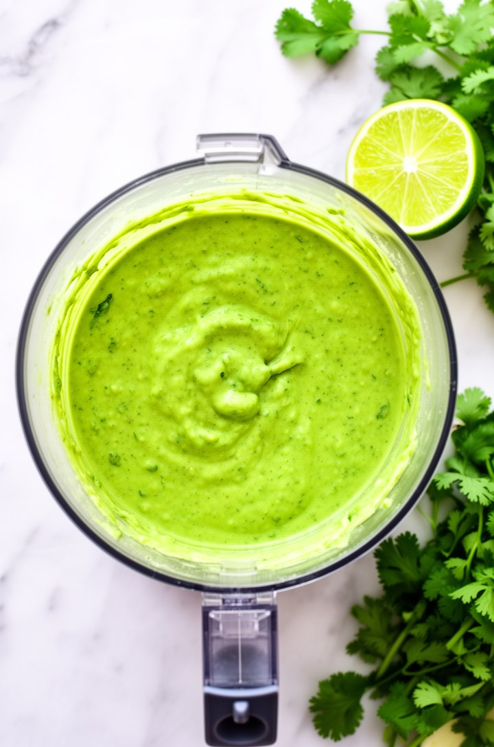 Top-down close-up of a food processor bowl filled with bright vibrant green cilantro avocado dressing, creamy smooth texture with tiny flecks of darker green cilantro visible, a rubber spatula resting
