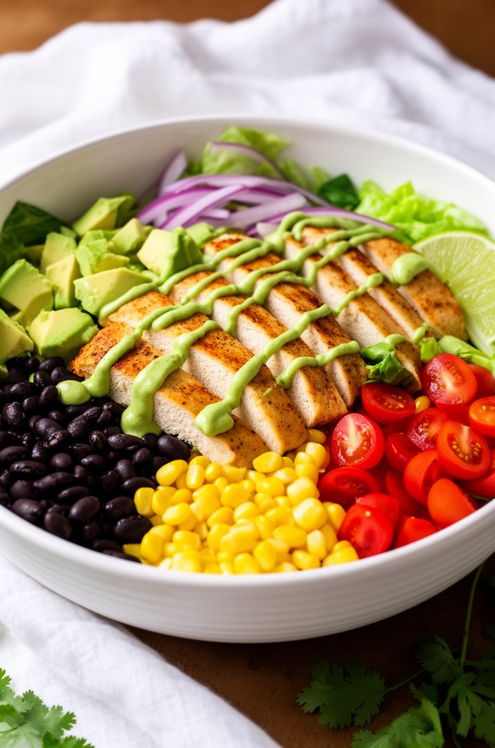 Side-angle shot of a completed southwest chicken salad in a large white ceramic bowl, sliced golden-brown chicken breast strips arranged in a fan pattern over sections of glossy black beans, bright ye
