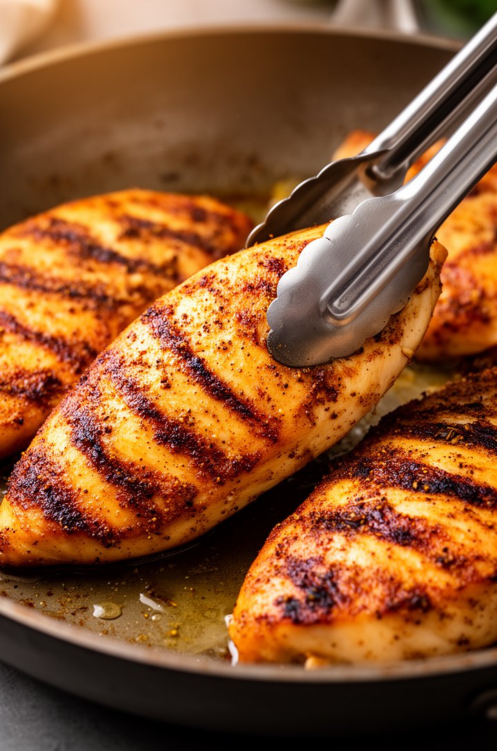 Close-up of golden-brown seared chicken breasts in a large skillet, showing the caramelized cumin-lime spice crust with small char marks on the surface, one breast being flipped with stainless steel tongs revealing a deep golden underside, rendered juices pooling in the pan, warm side lighting from the left
