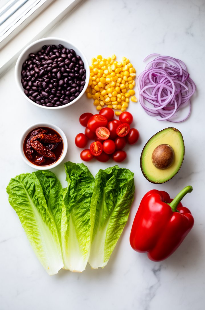 Overhead flat-lay of southwest salad ingredients arranged in neat groups on a white marble countertop — a bowl of glossy drained black beans, a small pile of bright yellow corn kernels, halved ruby-re