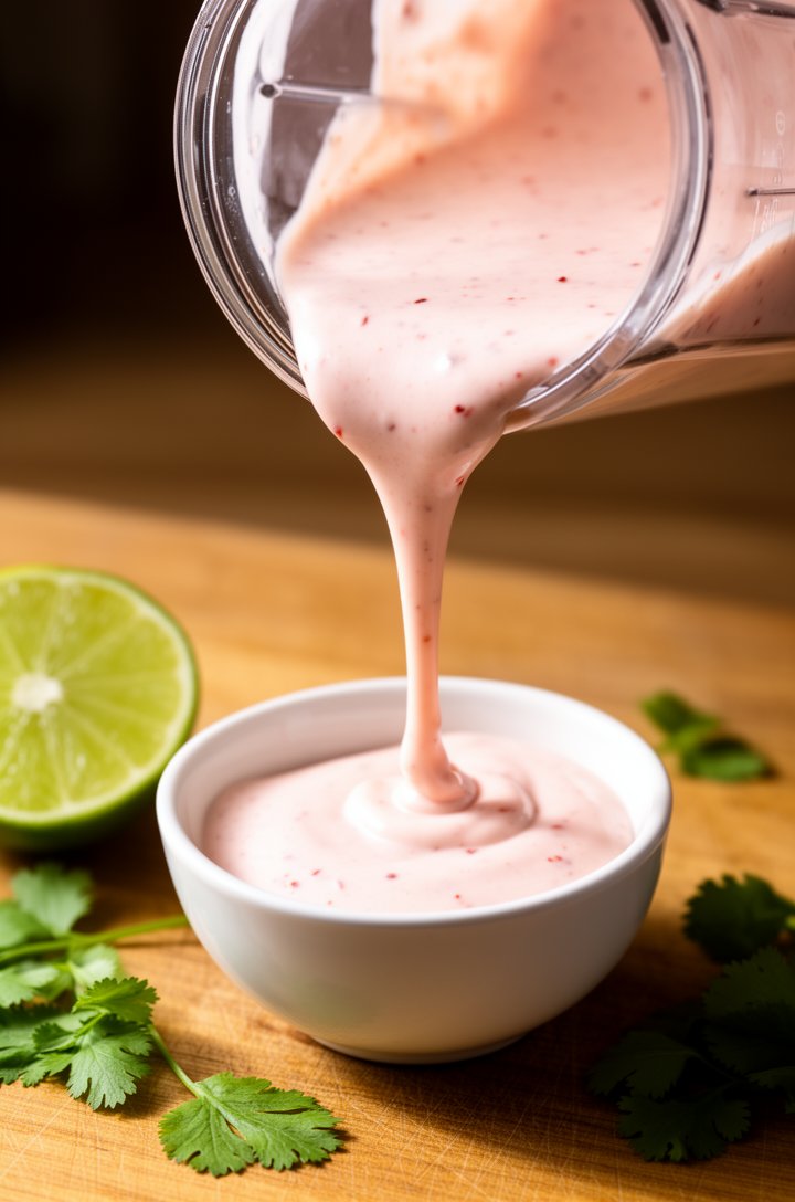 Close-up action shot of thick creamy pale-pink chipotle ranch dressing being poured from a clear glass blender jar into a small white ceramic bowl, the dressing forming a smooth ribbon as it falls, ti