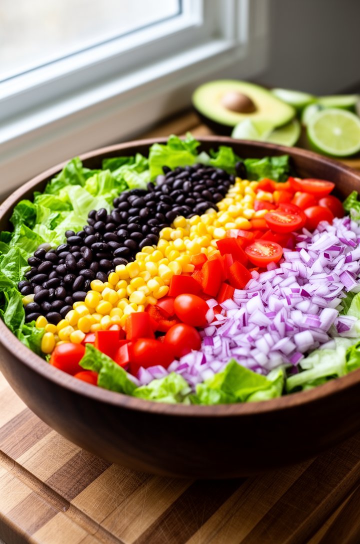 Side-angle shot at roughly 30 degrees of a large dark wooden salad bowl filled with chopped romaine lettuce topped with organized rows of black beans, yellow corn, red bell pepper chunks, and halved c