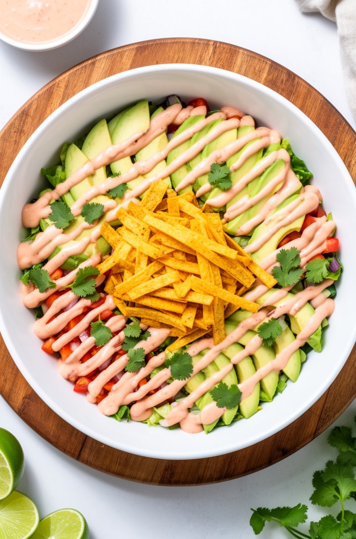 Overhead straight-down shot of the fully assembled southwest salad in a wide white ceramic bowl on a round wooden cutting board, zigzag drizzles of creamy pink chipotle ranch dressing across the entir