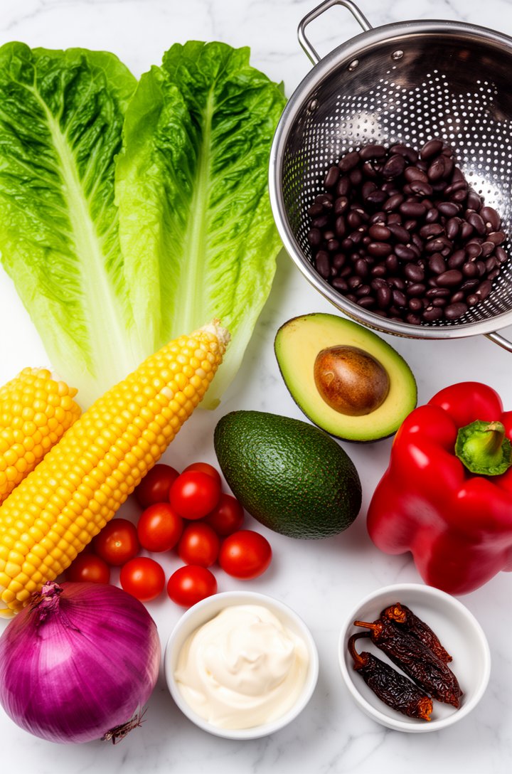 Overhead flat-lay of all southwest salad ingredients arranged on a white marble surface — three romaine hearts, a can of black beans being drained in a colander, two ears of golden corn on the cob, a pint of cherry tomatoes, half a purple red onion, a ripe avocado cut in half, a red bell pepper, and small bowls of sour cream, mayo, and chipotle peppers in adobo. Bright even natural lighting, organized and colorful mise en place composition