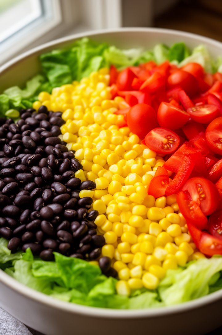 Slightly angled overhead shot of the salad bowl mid-assembly — chopped romaine as the base with black beans, corn kernels, halved cherry tomatoes, and red bell pepper chunks arranged in distinct colorful sections before being tossed, vibrant greens, yellows, reds, and blacks creating a rainbow pattern, natural window lighting from the left
