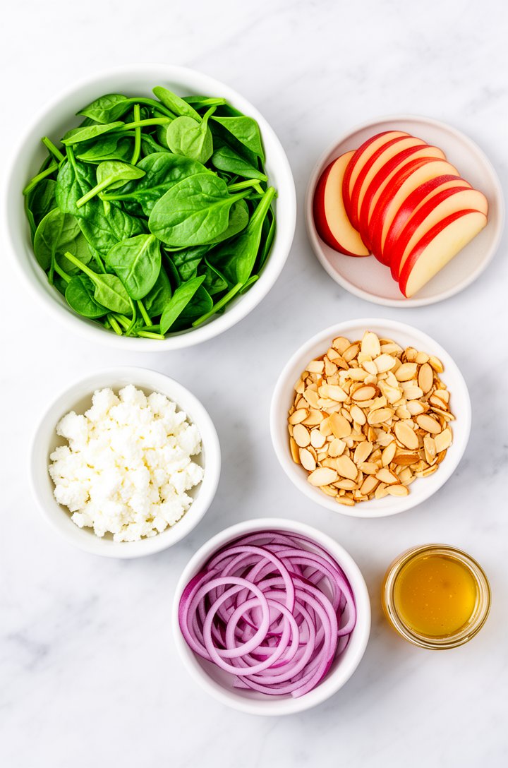 Overhead flat-lay of spinach salad ingredients arranged in small bowls on a white marble surface — a bowl of bright green baby spinach, thinly sliced red-skinned apple crescents on a small plate, a ra