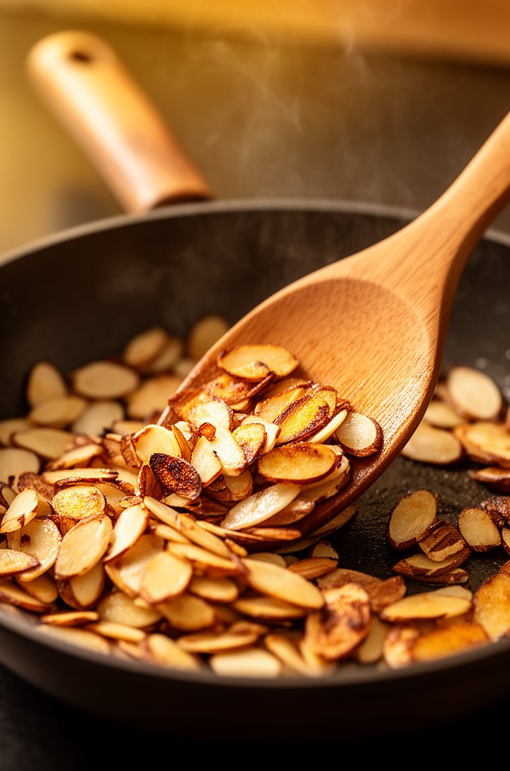 Close-up action shot of golden-brown toasted almond slices being stirred in a small dark skillet with a wooden spatula, some almonds slightly charred at the edges, warm overhead lighting creating a go