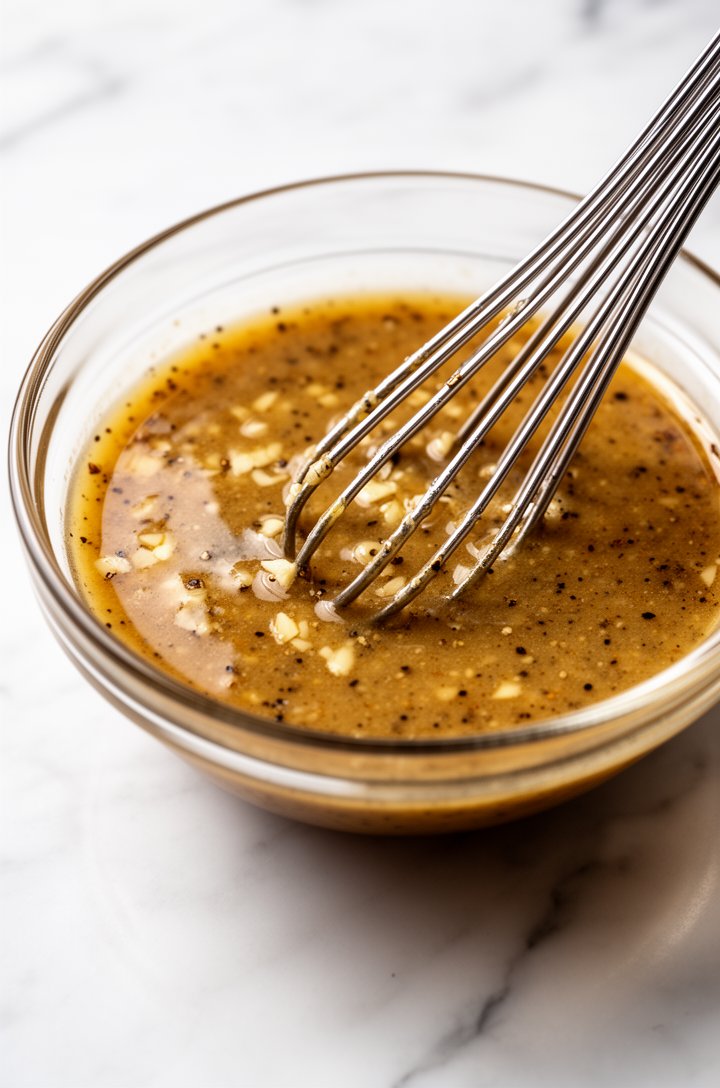 Side-angle close-up of red wine vinaigrette being whisked in a small glass bowl, showing the creamy emulsified texture with visible specks of black pepper and minced garlic, a silver whisk mid-motion 