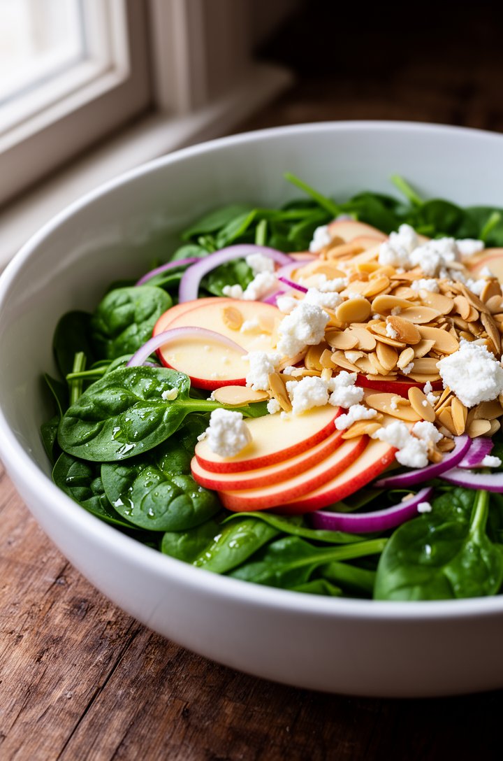 45-degree angle shot of the finished spinach salad in a large white ceramic bowl, baby spinach leaves glistening with vinaigrette, thin red apple slices fanned throughout, white feta crumbles and gold