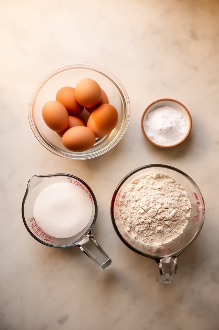 Overhead flat-lay of four simple ingredients arranged on a light marble countertop — a glass bowl of six whole eggs, a measuring cup of white granulated sugar, a measuring cup of all-purpose flour, an